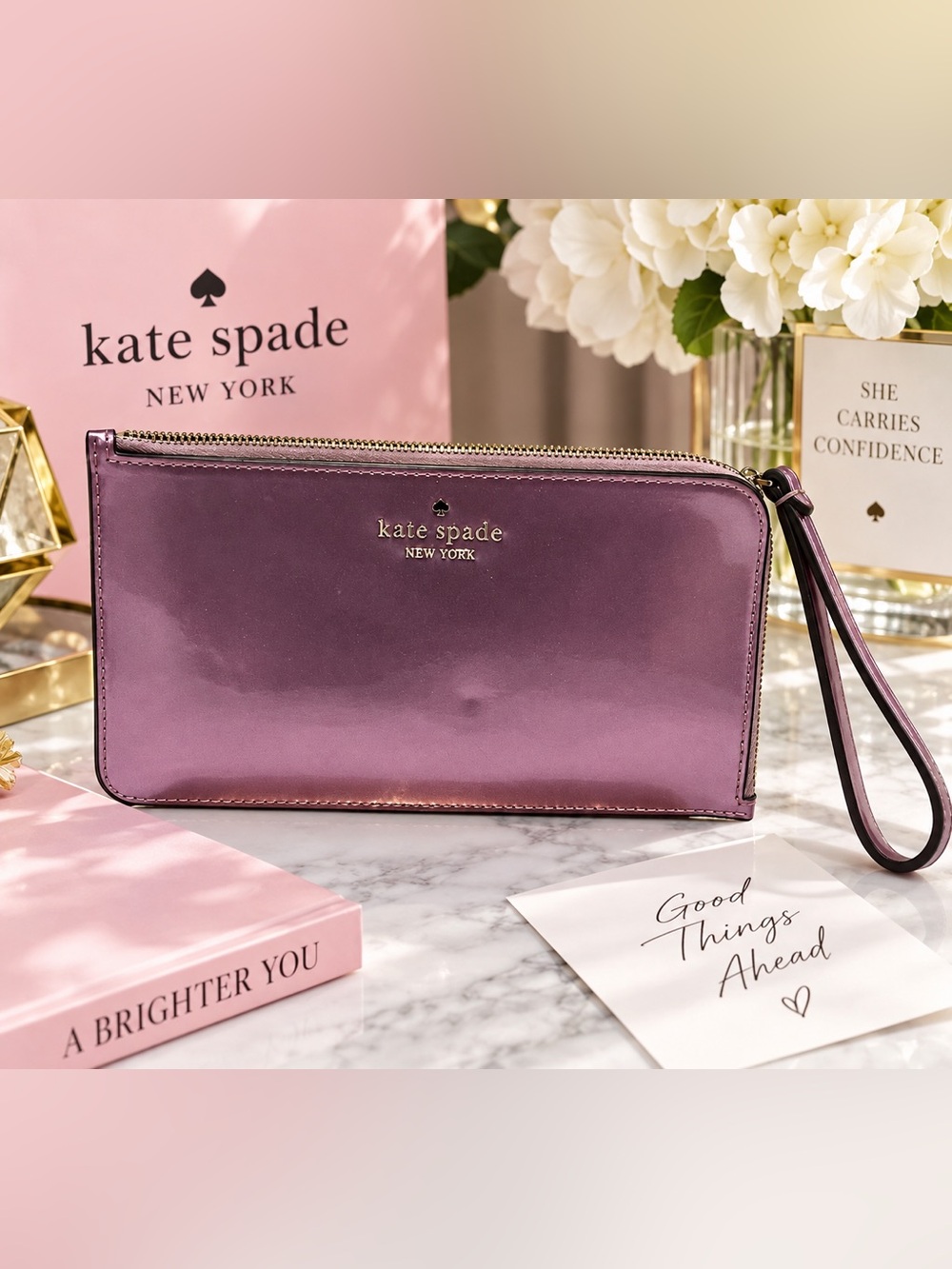 NWOT Kate Spade Lucy Medium L-Zip Wristlet Metallic Quartz Pink